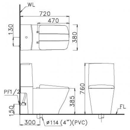 Kích thước bồn cầu 2 khối Caesar CD1346 