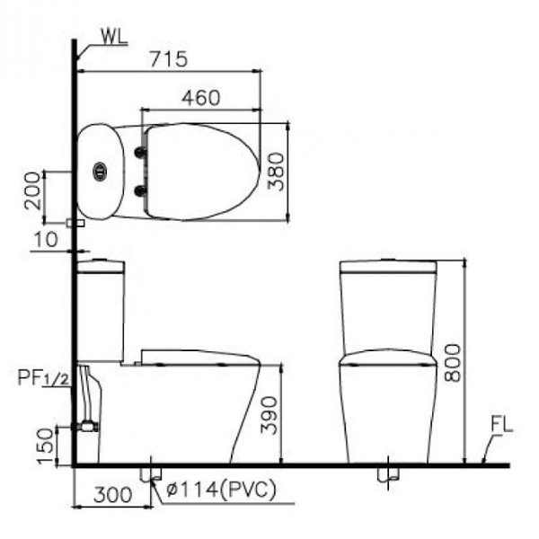 Kích thước lắp đặt Bồn cầu 2 khối Caesar CD1348 nắp êm