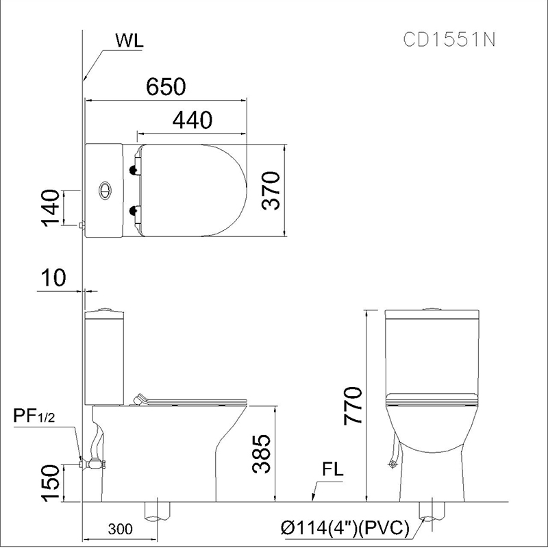 Kích thước lắp đặt Bồn cầu 2 khối Caesar CD1551 nắp êm