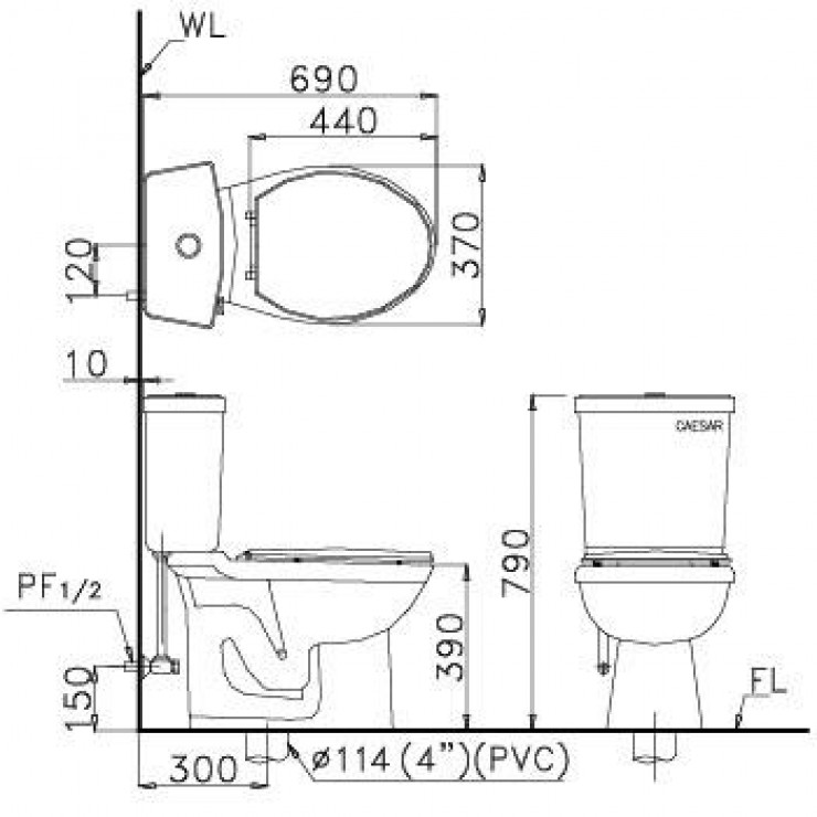 Bản vẽ Bồn cầu 2 khối Caesar CTS1325 nắp êm