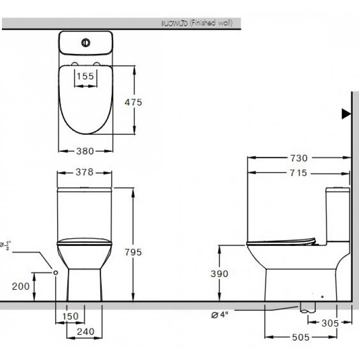 Bồn Cầu 2 Khối Cotto C126207 Mood 3 Kích thước bồn cầu 2 khối COTTO C126207 Mood
