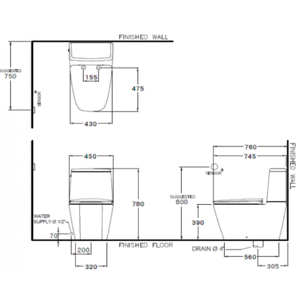 Bồn cầu 2 khối COTTO C135137 cảm ứng không chạm