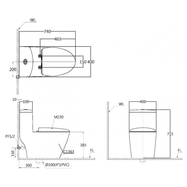 kích thước bồn Cầu 1 Khối Caesar CD1363 Nắp Êm