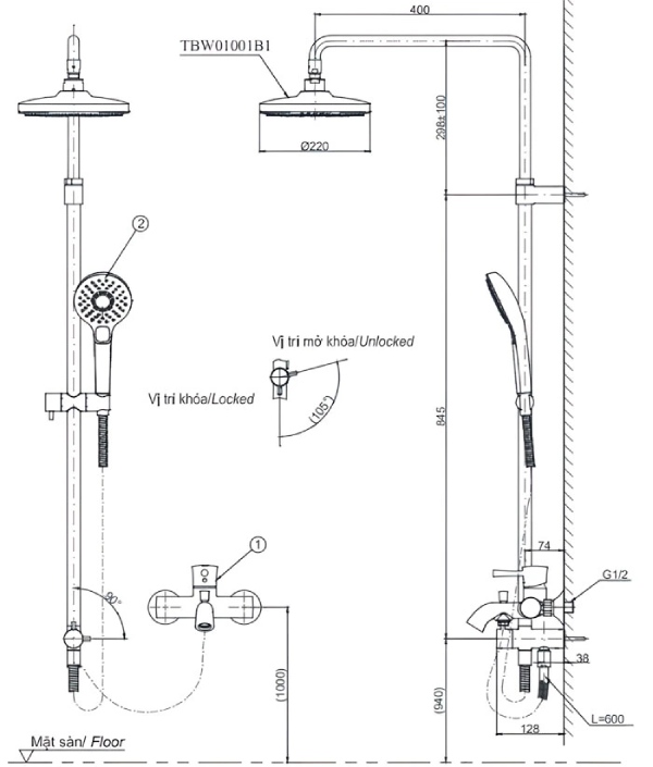 Sen Cây TOTO TBG01302VA/DGH108ZR/TBW01001BA Nóng Lạnh 3 Sen cây TOTO TBG01302VA/DGH108ZR/TBW01001BA nóng lạnh