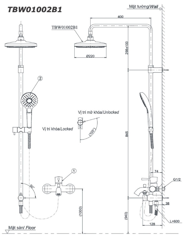 Sen Cây TOTO TBS04302V/TBW01010A/TBW01002BA Nóng Lạnh 3 Sen cây Toto TBS04302V/TBW01010A/TBW01002BA nóng lạnh